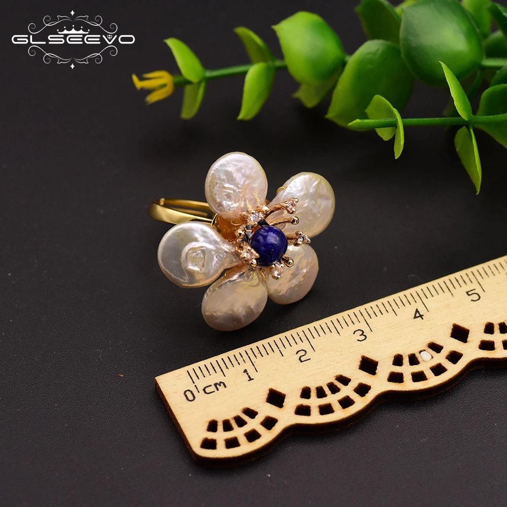 

GLSEEVO Natural Baroque Pearl Adjustable Flower Prong Setting Rings For Women Girls Engagement Lovers Gifts Cute Jewelry GR0232