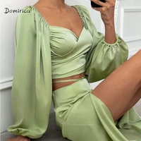 green 2 pieces dress sets satin smooth lantern sleeve top women long skirts split folds sexy prom dresses sets belt party suits