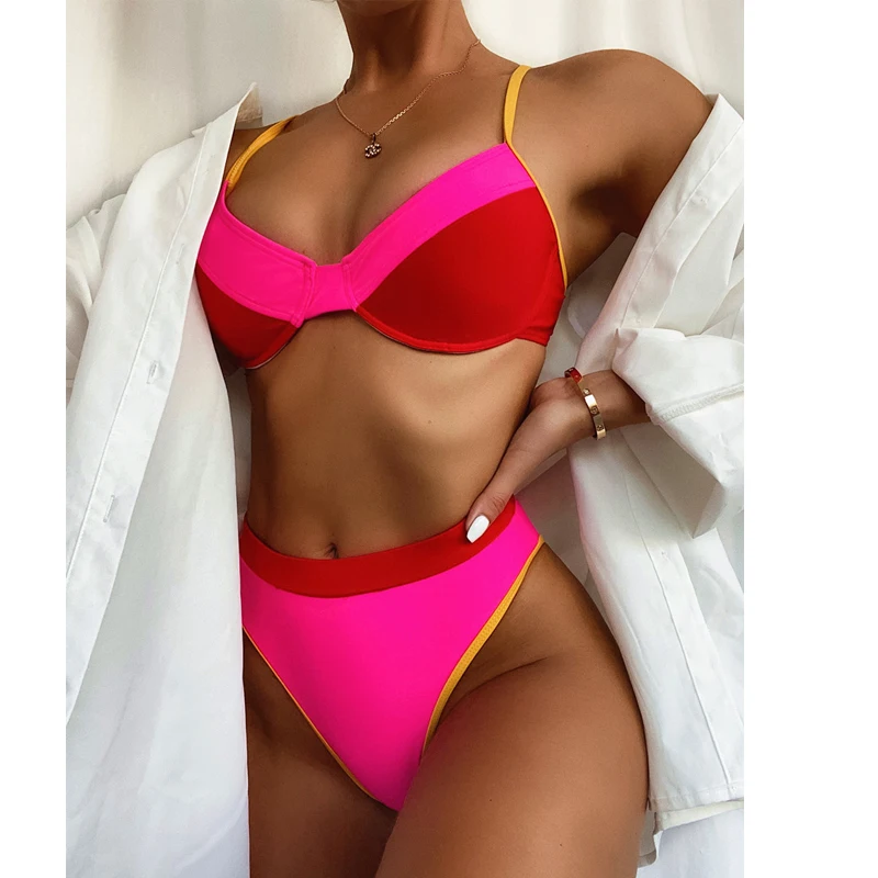 Неоновый купальный костюм с высоким вырезом женский купальник пуш-ап