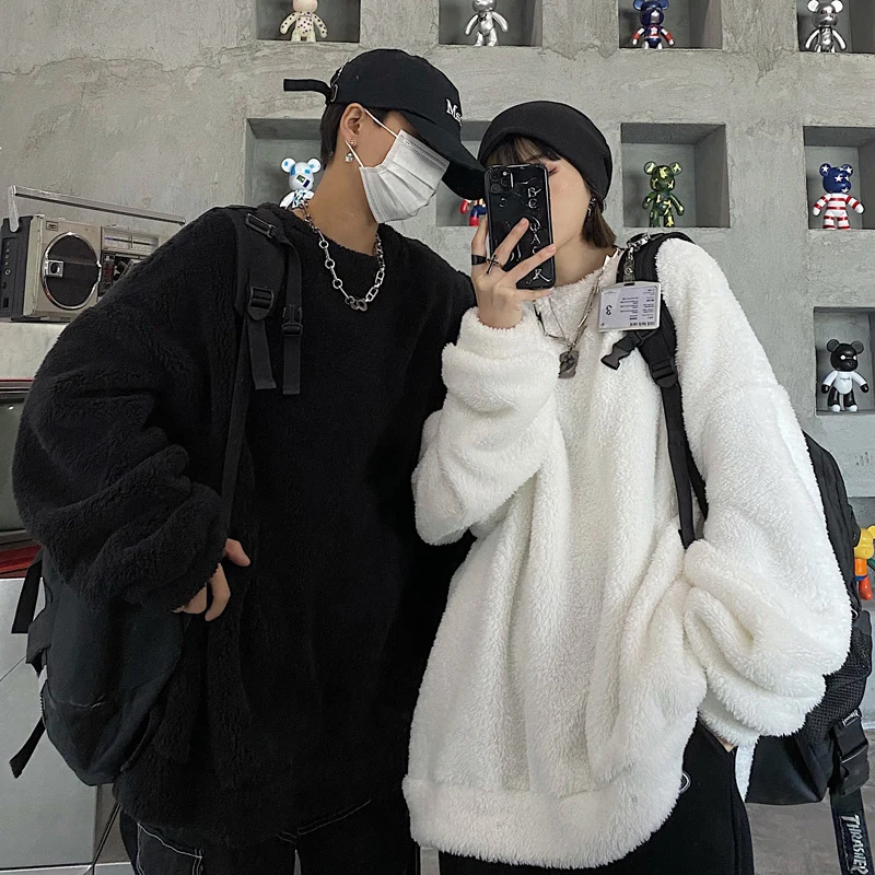 

Свитер с круглым вырезом Мужской осенне-зимний однотонный универсальный модный Свободный теплый свитер с длинным рукавом и флисовой подкл...