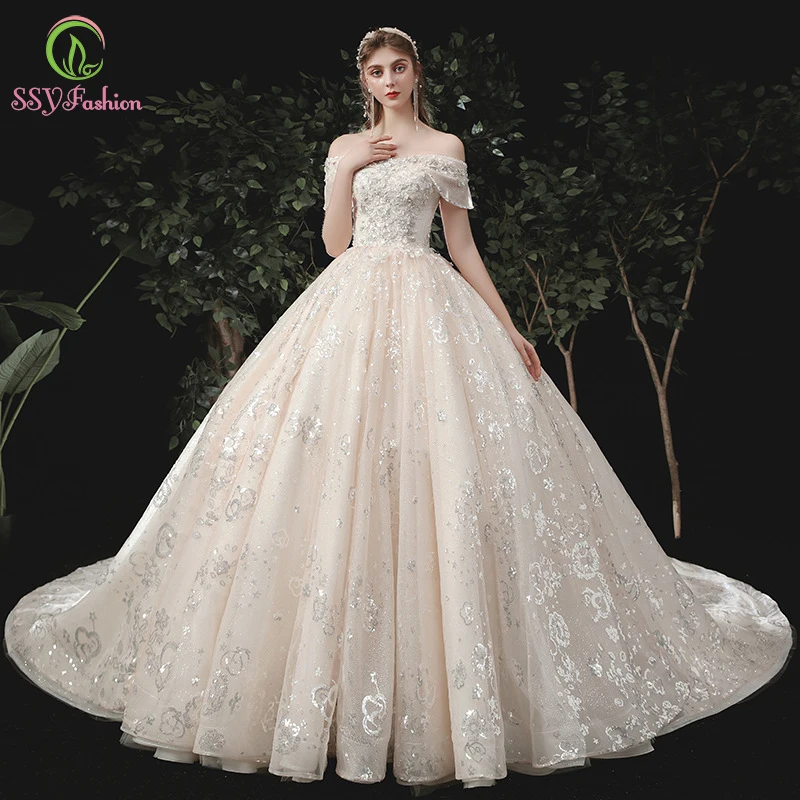 

Женское свадебное платье SSYFashion, роскошное кружевное платье с вырезом лодочкой, блестками и аппликацией размера плюс, Vestido De Noiva