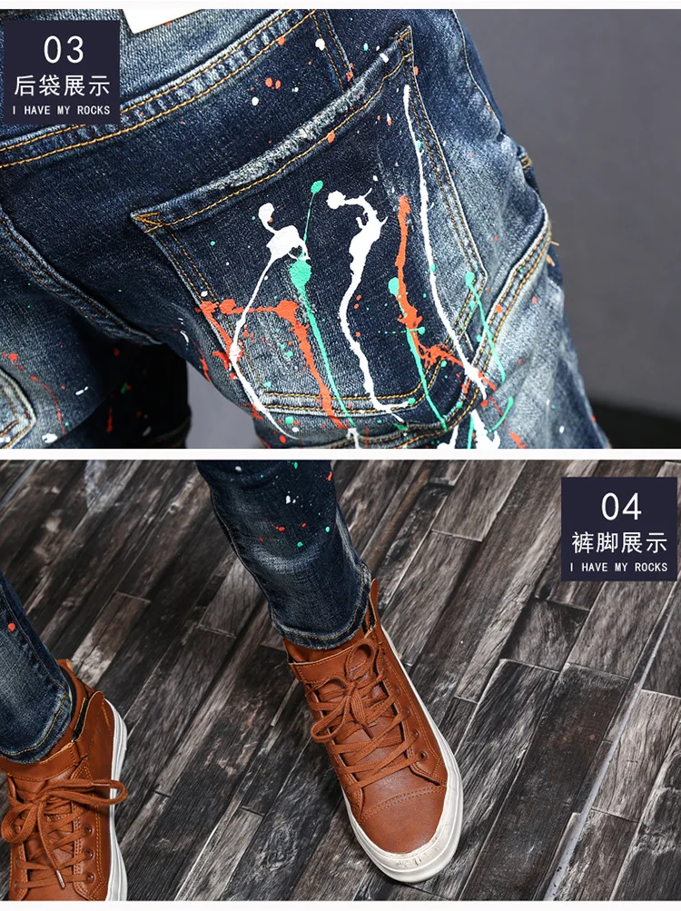 Men's Ink-Splattered Jeans Men Spring Slim Fit Elastic Punk Trousers Spliced Biker Jeans Fashion Personality Streetwear Hip Hop