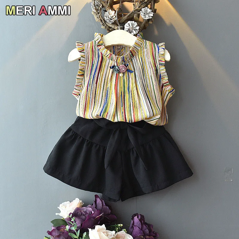 

MERI AMMI 2 pcs Clothing Set Children Girl Summer Outfit Stripes Tee +Bowknot Shorts Outwear For 2-7 Year Baby Girl