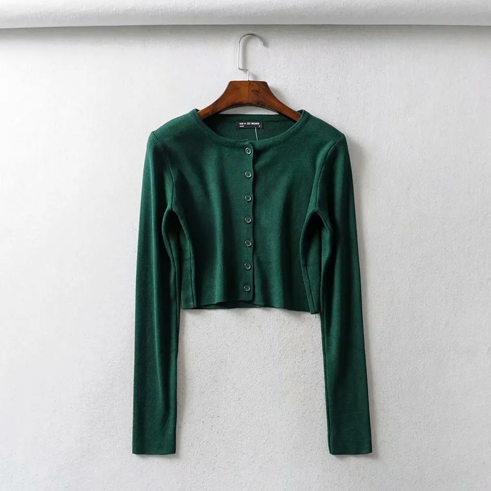 Deep green Осень, вязаный кардиган на пуговицах, корейские милые свитера, Укороченный кардиган для женщин, кавайный укороченный свитер, вязаный Топ, уличная одежда - Цвет: Deep green