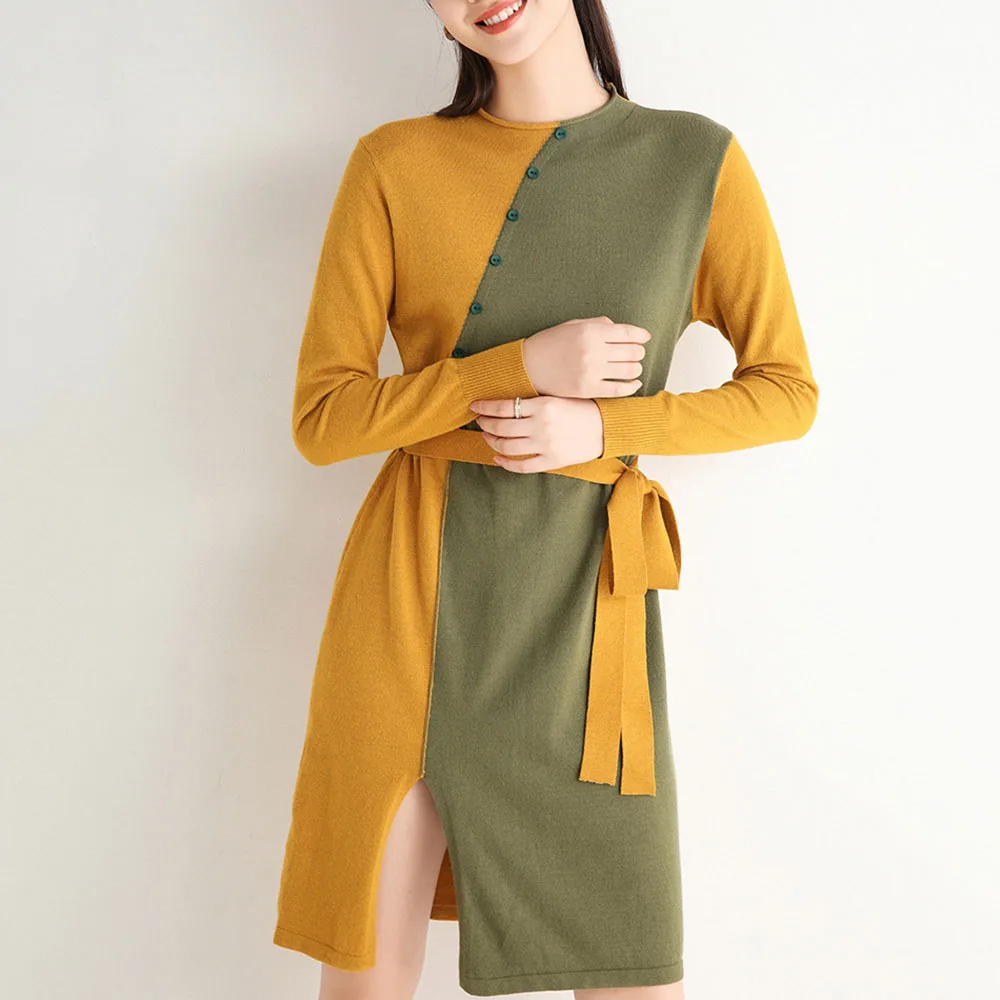 Осенне зимнее трикотажное платье средней длины с сочетающимися цветами новинка