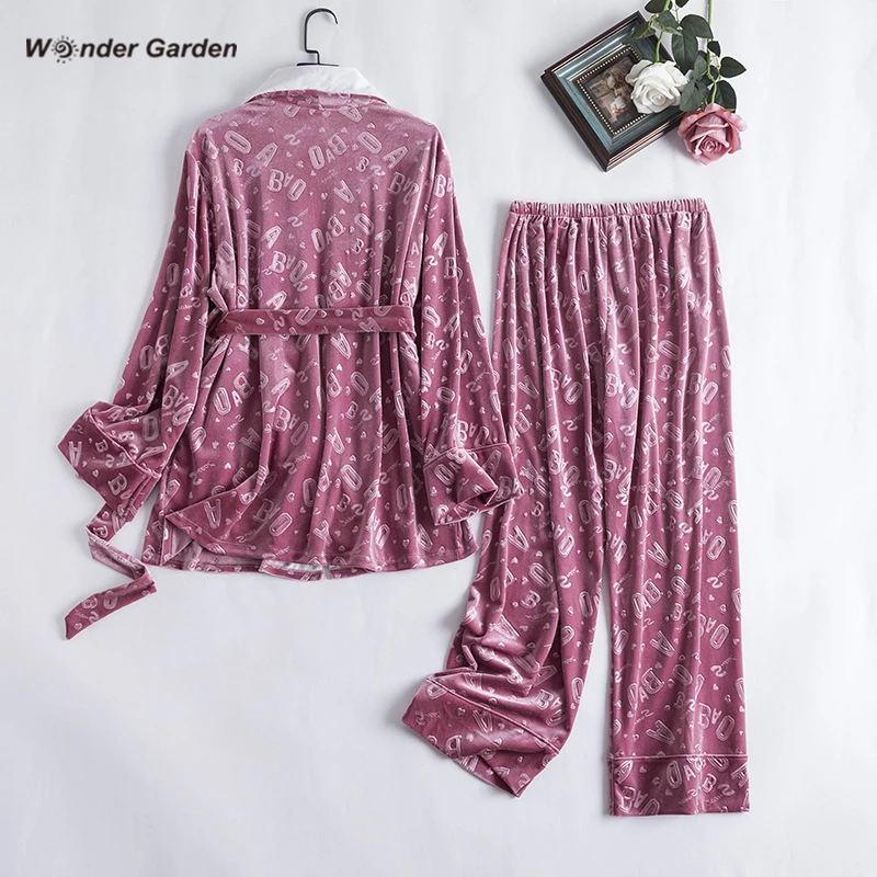 Wonder Garden Fshion Velvet Pajamas Set Woman Warm Sleepwear Letter Printing Casual Two-piece Suit Fall Winter Belt Nightwear