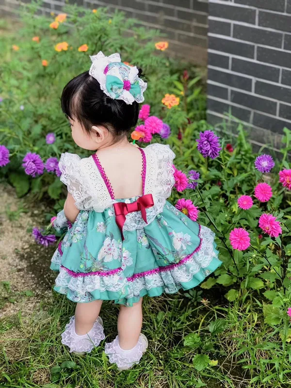 Платья для девочек испанская ретро-кружевная юбка принцесс с зелеными цветами