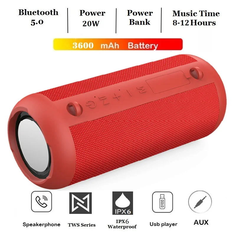 

20W Bluetooth Speaker Power Bank Mini Portable USB Column Wireless Stereo Subwoofer IPX6 Waterproof Bass Speaker 3600mAh Battery