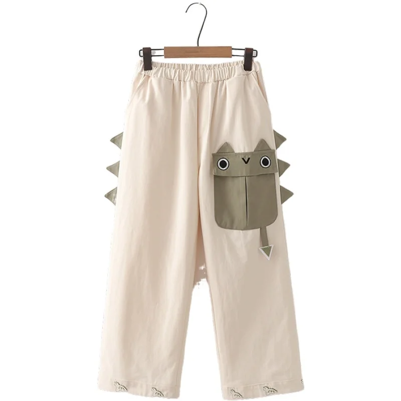 

Women Pants Cartoon Dinosaur Embroidery Straight Pants 2020 Autumn Elastic Waist Pants Sweet Style Korean Ladies Basic Trousers