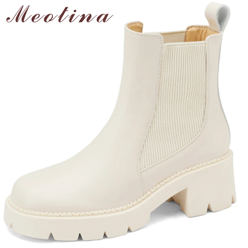 

Женские ботильоны из натуральной кожи Meotina, ботинки челси на платформе и толстом высоком каблуке, с круглым носком, бежевого цвета, Осень-зим...