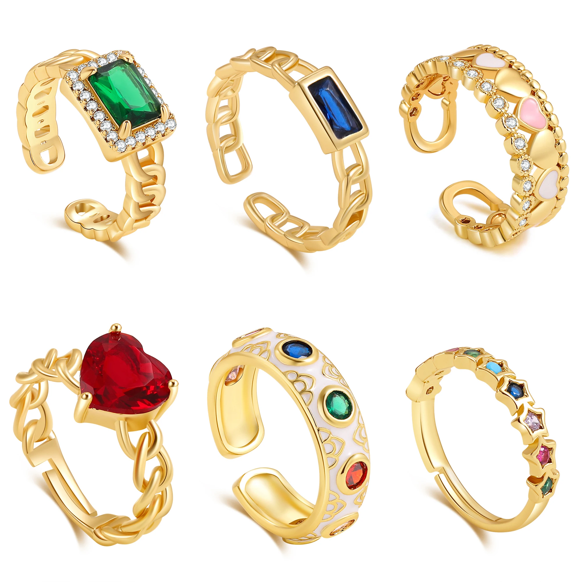 

Luxury Multicolor Zircon Gold Twisted Chain Rings for Women Geometric Heart Crystal Adjustable Open Rings Wedding Jewelry Gift