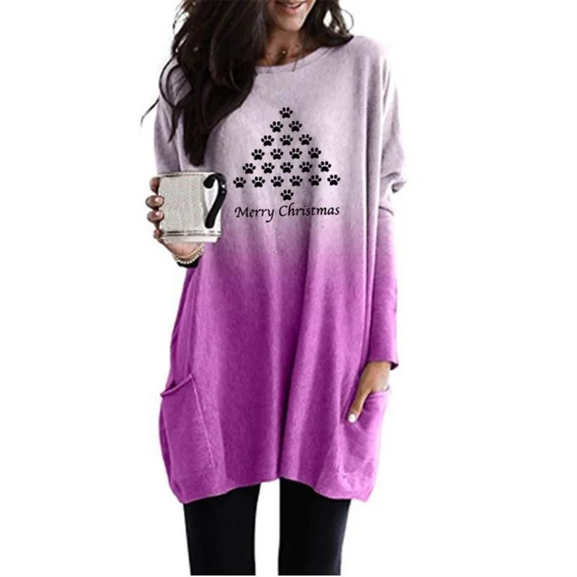 

Merry Christmas Letters Dog Paw Christmas Tree Print Cute Sweatshirt For Women Spring Summer Loose Kawaii Pockets Hoodies