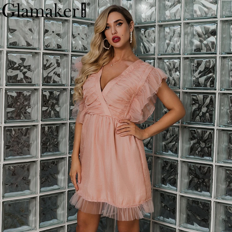 Женское короткое плиссированное платье Glamaker элегантное вечернее Сетчатое мини с