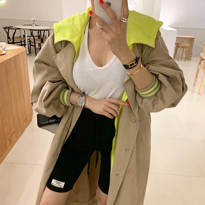 

SuperAen Fashion Patchwork Contrast Color Long Hooded Tooling Windbreaker Jacket Women Autumn and Winter