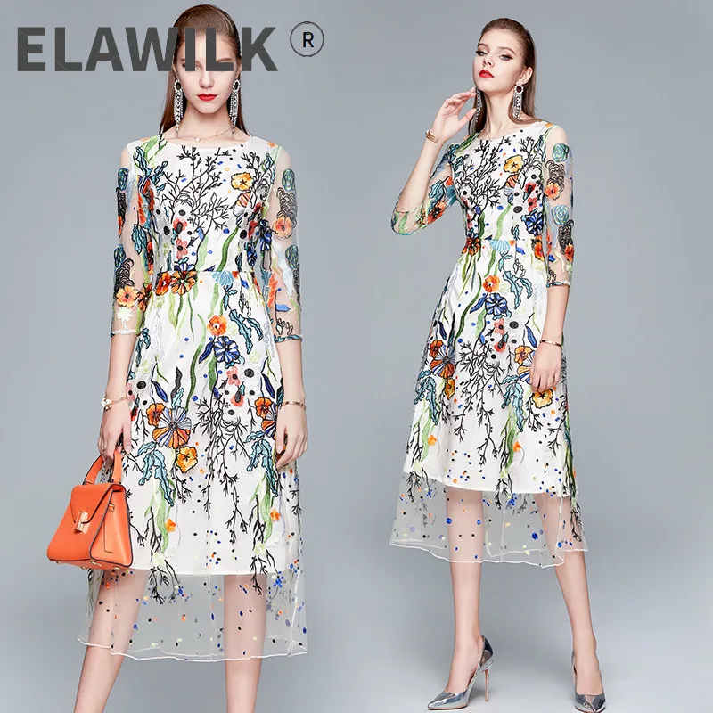 

2021 Autumn Women's elegant embroidery mesh dress Hot fashion half sleeves dress C189