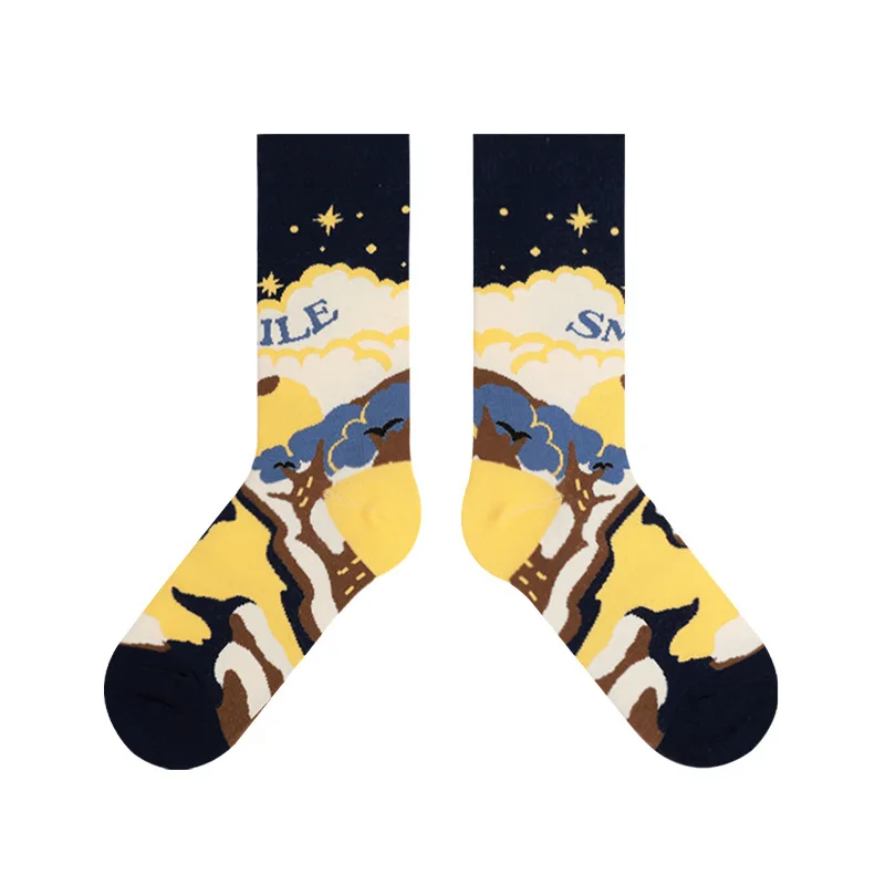 

Designer Socks Spring Summer New Product One Island's Happy Series Color Cartoon Cute Girl Illustration Stockings Female Couple