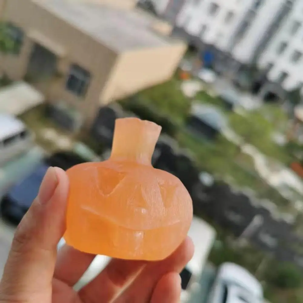 

Natural Stone Carved yellow gypsum stone Pumpkin selenitez crystal figurine stone Pumpkin statue
