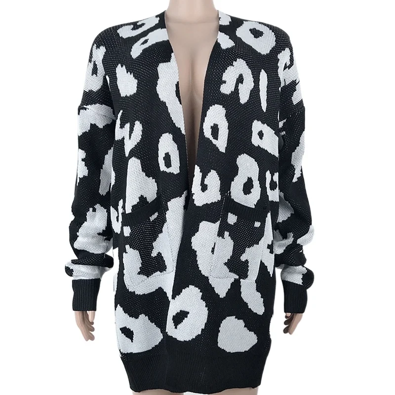 

2021 Autumn and Winter Sweater Women's Long Double Pocket Casual Leopard Cardigan Sweaters for Women