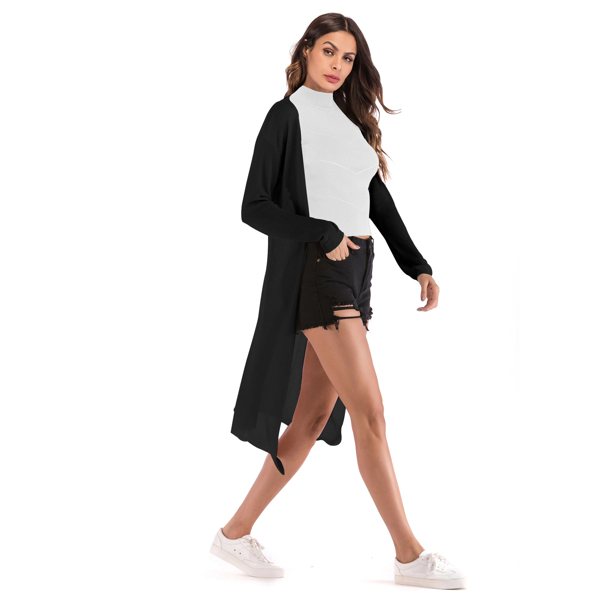 

New spring and autumn fashion, long casual, thin, knitted fine wool, solid color long-sleeved jacket, autumn women's clothing