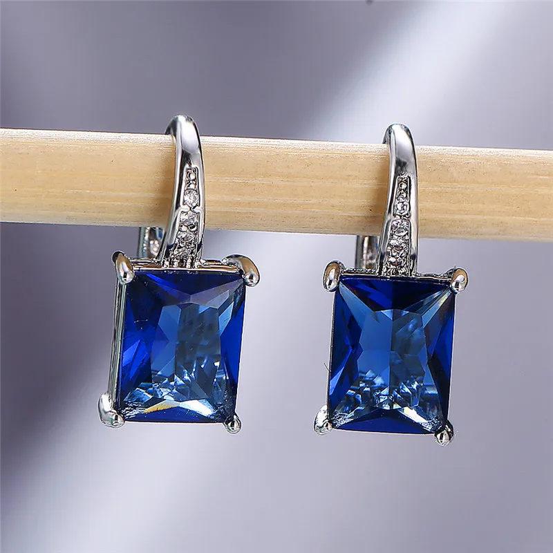 

Trendy Female Blue Zirconia Stone Earrings Charm Small Clip Earrings For Women Minimalist Rainbow Square Wedding Earrings