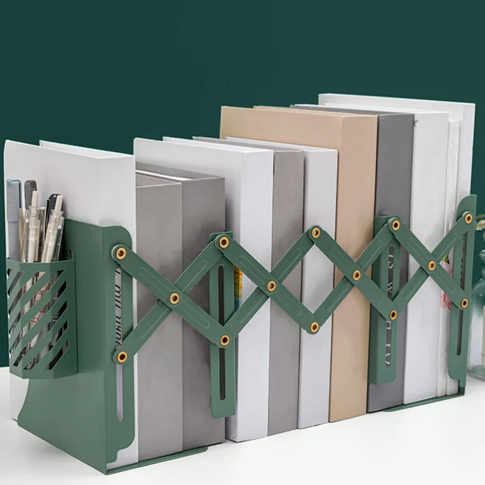 

1pc Practical Book End with Pen Holder Adjustable Book Storage Rack (Dark Green)