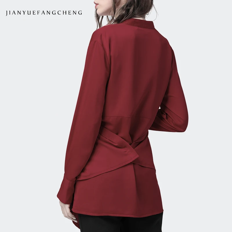 

Women' Shirt Black Long Tunic Top Crossed Back Button Design Long Sleeve Stand Collar Fashion Female Spring Autumn Office Shirts