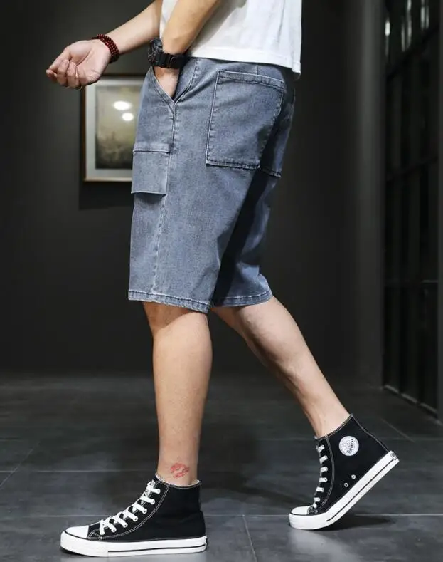 Summer Jeans Men Distressed Jeans Big Pocket Streetwear Jeans Man Knee Length Denim Trousers Size 28-44