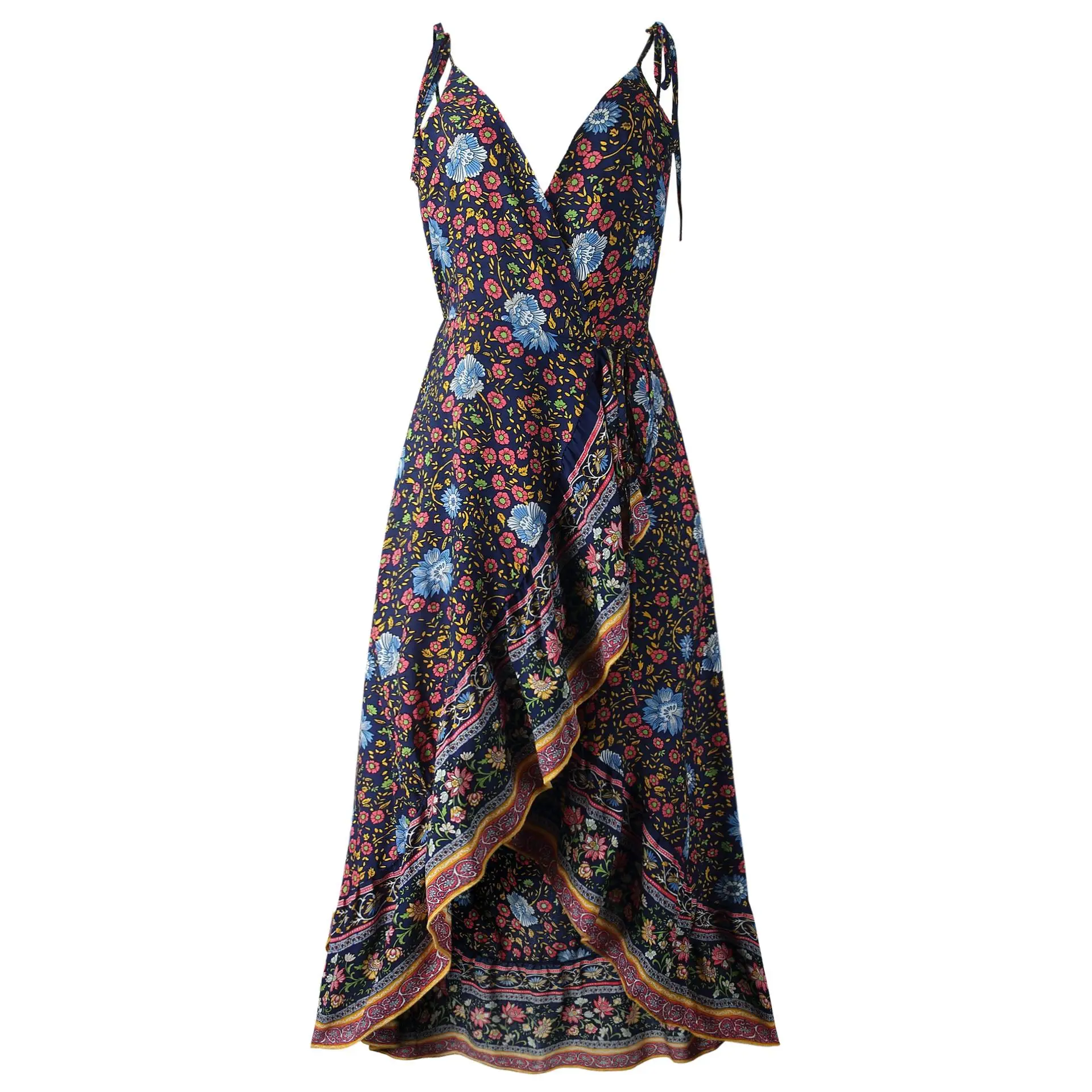 

ZITY Boho Summer Dress Women Sexy Strap V Neck Floral Print Lace Up Wrap Irregular Ruffle Dress Casual Slim Summer Beach Maxi