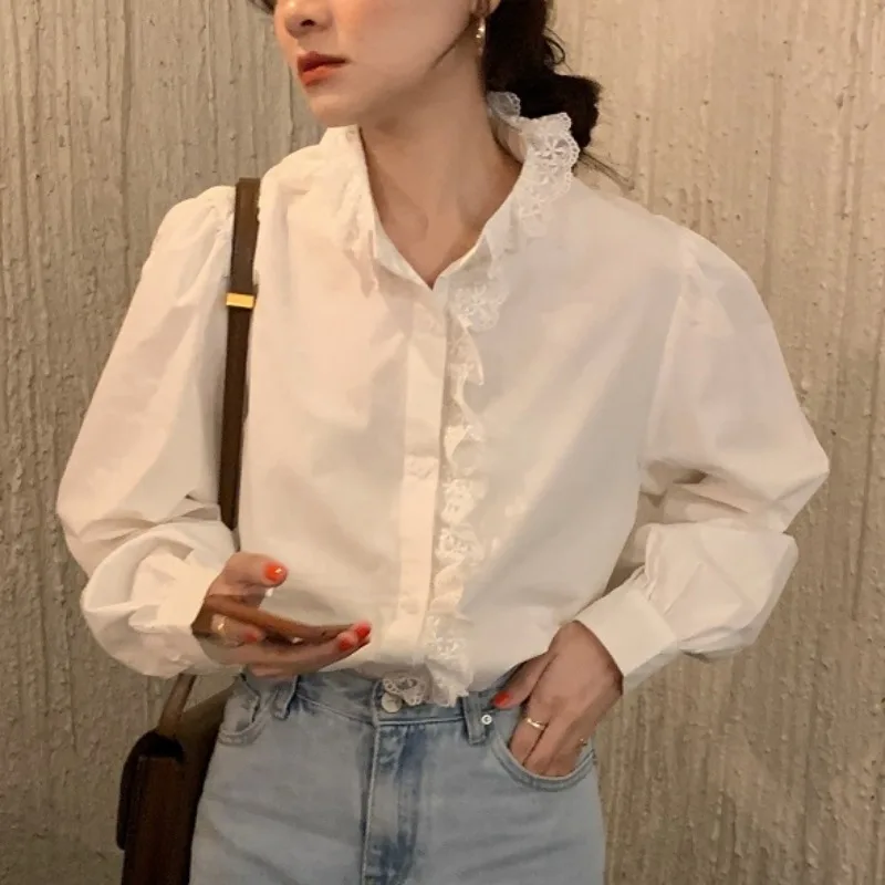 Женская кружевная рубашка элегантная однотонная плиссированная во французском