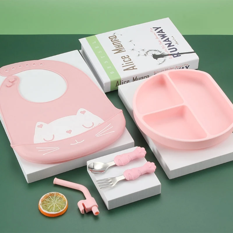 

5 шт./компл. детское питание плиты Ложка Вилка соломы нагрудники Набор силиконовая BPA Бесплатный сервис лоток столовая посуда для детей корм ...