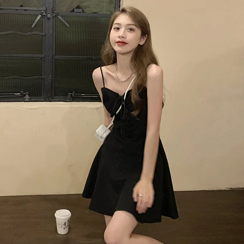 Женское платье на бретелях черное тонкое Элегантное короткое с французской