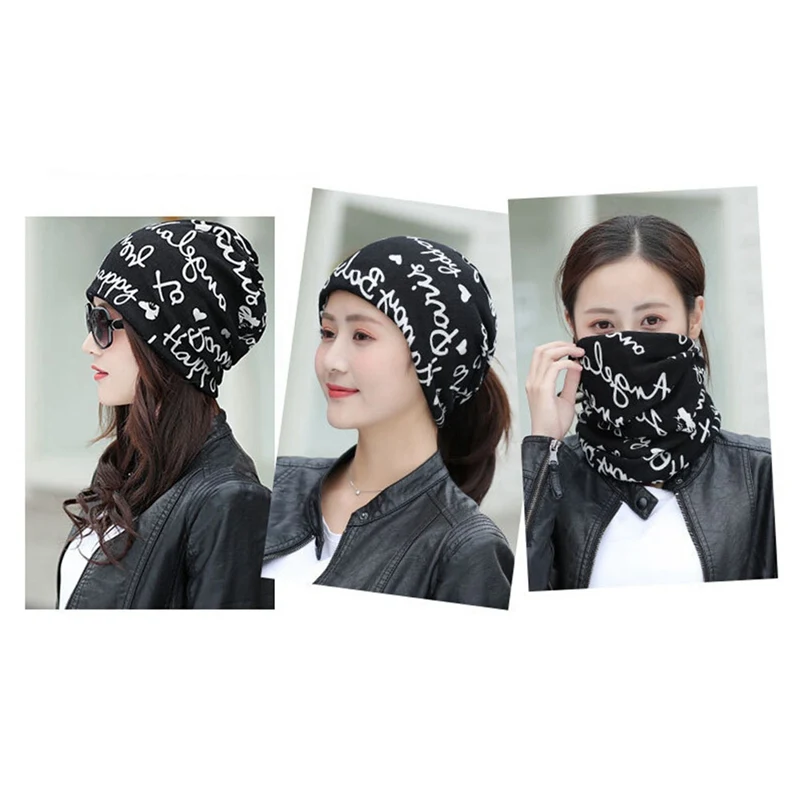 

Women's Warm Autumn Knitting Cotton Letter Style Autumn Hat Ladies Beanie Scarf 2 Use Cap Girls Gorros Women Skullies