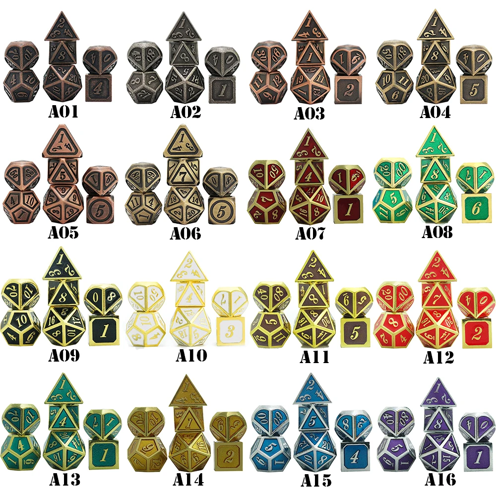 7 шт./компл. набор металлических игральных костей 26 стилей + 1 шт. сумка D4 D6 D8 D10 D12 D20