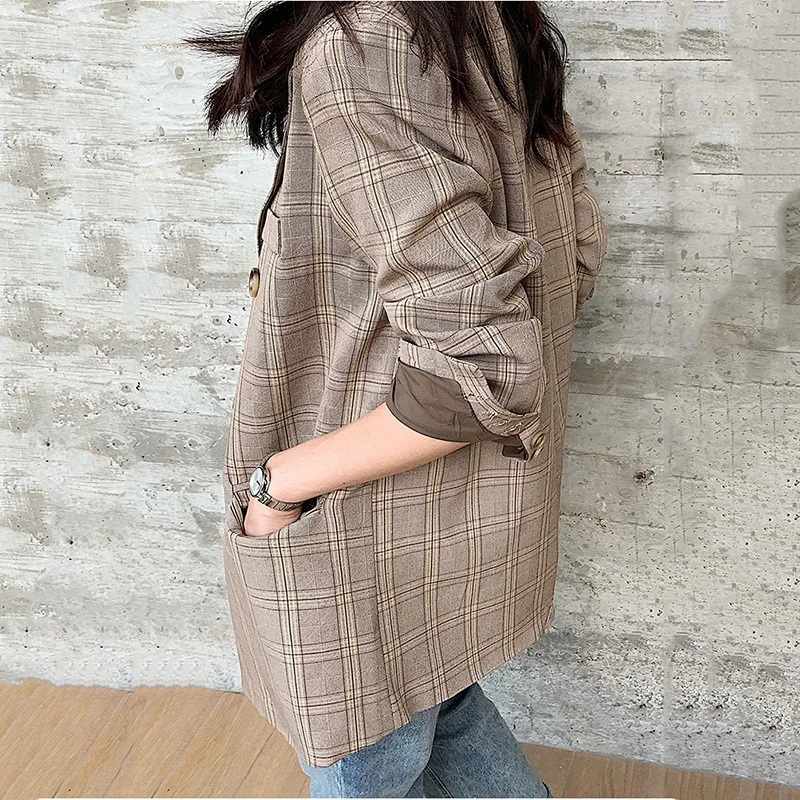LANMREM хаки клетчатый двубортный женский офисный блейзер с длинным рукавом Женская