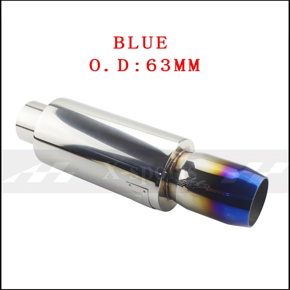 blue 63MM Выхлопные системы автомобиля наконечник глушителя выхлопной трубы Высокое качество Универсальный нержавеющая сталь 304 интерфейс: 51 57 63 мм экспорт: 76 мм глушители - Цвет: blue 63MM