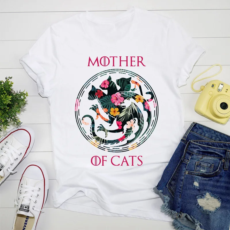 Футболка большого размера с цветами для мамы и кошки женская футболка забавными