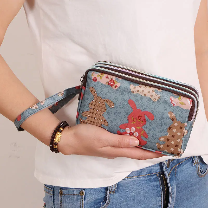 Women Long Purse Hand Bag Large Cell Phone Fabric Printing Three Zipper | Coin Purses