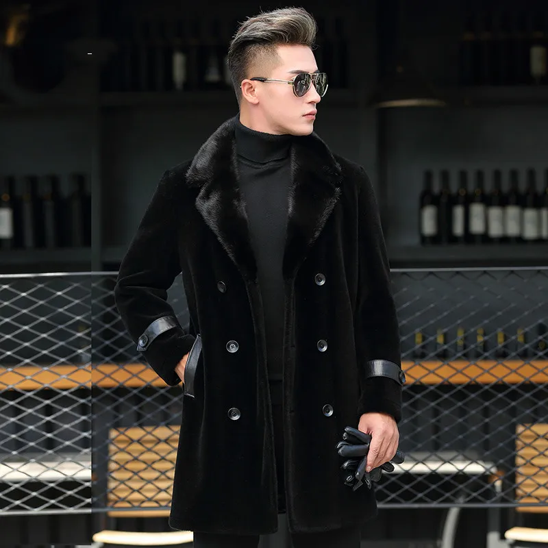 

Real Fur Coat Men Luxury Mink Fur Collar Long Sheep Shearing Jacket Man Winter Clothes 2020 Korean Warm Wool Coats 8517Z