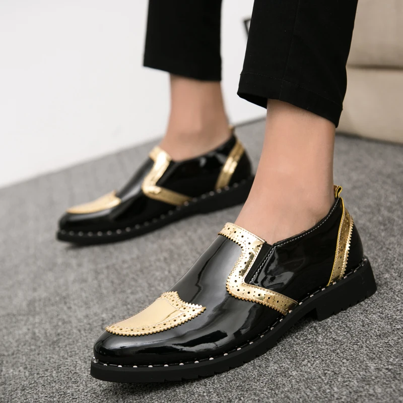 

Men's Leather Loafers Fashion Shiny Leather Stitching Slip-On Shoes Nightclub Party Casual Boat Shoes Moccasin Men Brogues