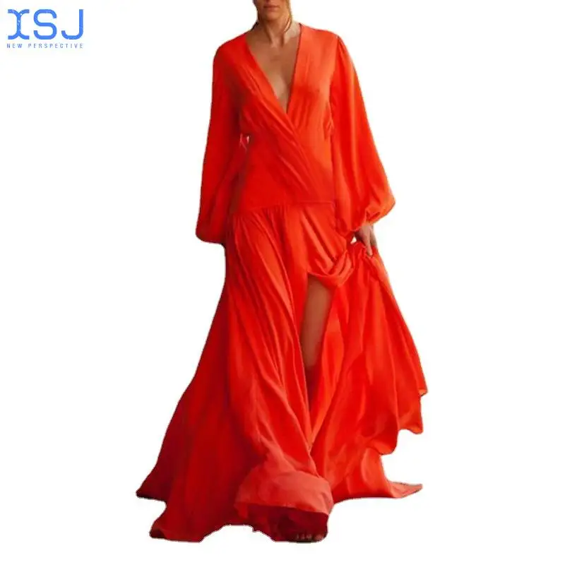 

Women's Early Autumn Bohemian Temperament Dress V-Neck Solid Color Long-Sleeved Early Autumn Elegant Temperament Commuter Skirt