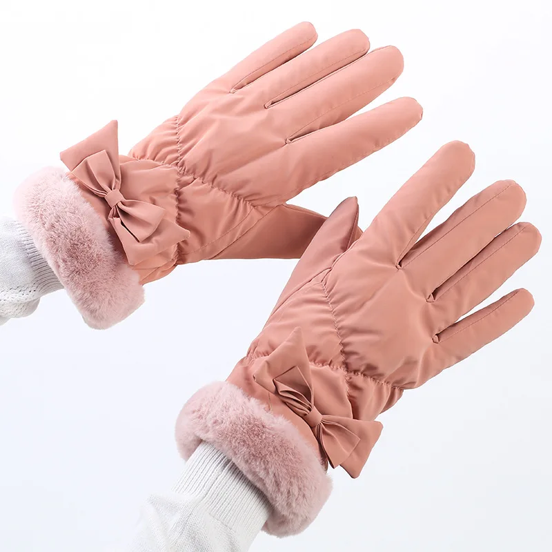 

New Womens Winter Gloves Coral Velvet Fashion Bow Thicken Warm Cold Gloves Outdoor Windproof Cycling Driving Touch Screen Gloves