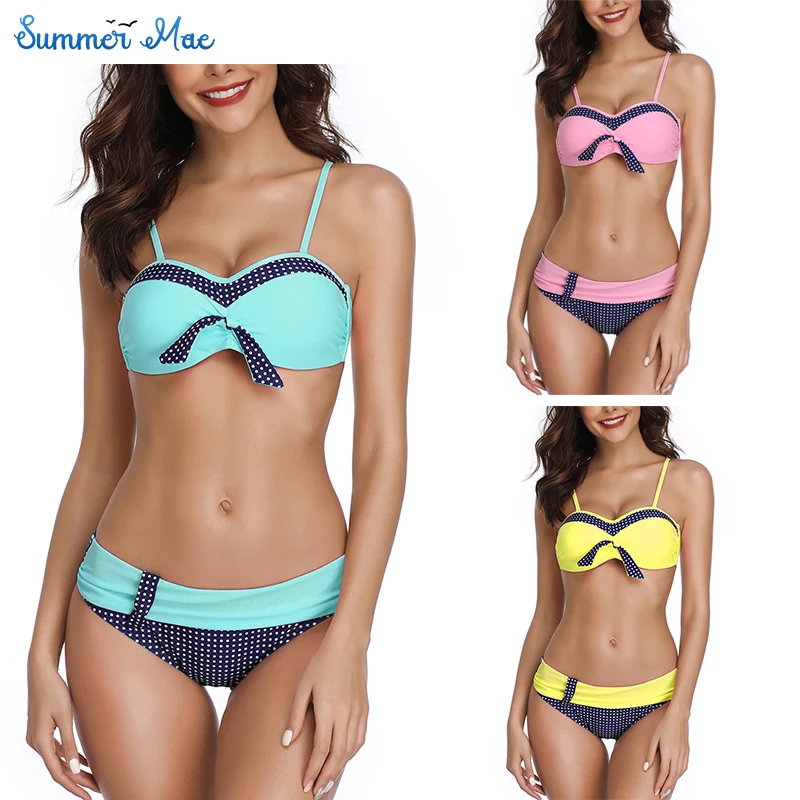 

Summer Mae Womens Patchwork Bikini Swimsuit Polka Dot Sexy Tie Knot Front Swimwear Set