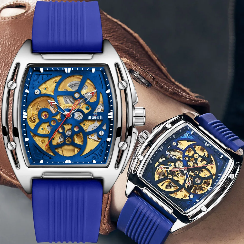 

SWISH Mechanical Sport Design Bezel Golden Watch Mens Watches Top Brand Luxury Clock Men Automatic Skeleton Watch Montre Homme