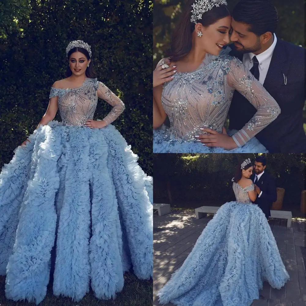 

Light Blue Vintage Evening Dresses Luxurious Star Sequined Beads Long Sleeve Ruffles Prom Special Occasion Gowns robes de soirée