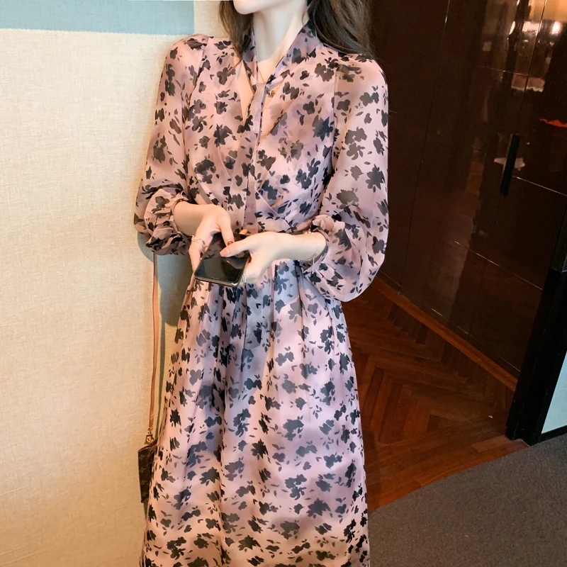 

Woman Dress 2021 Spring New French Leopard Print V-neck Dress Ladies Style Long Sleeves Floral Dress Waist Thin Mid-length Dress