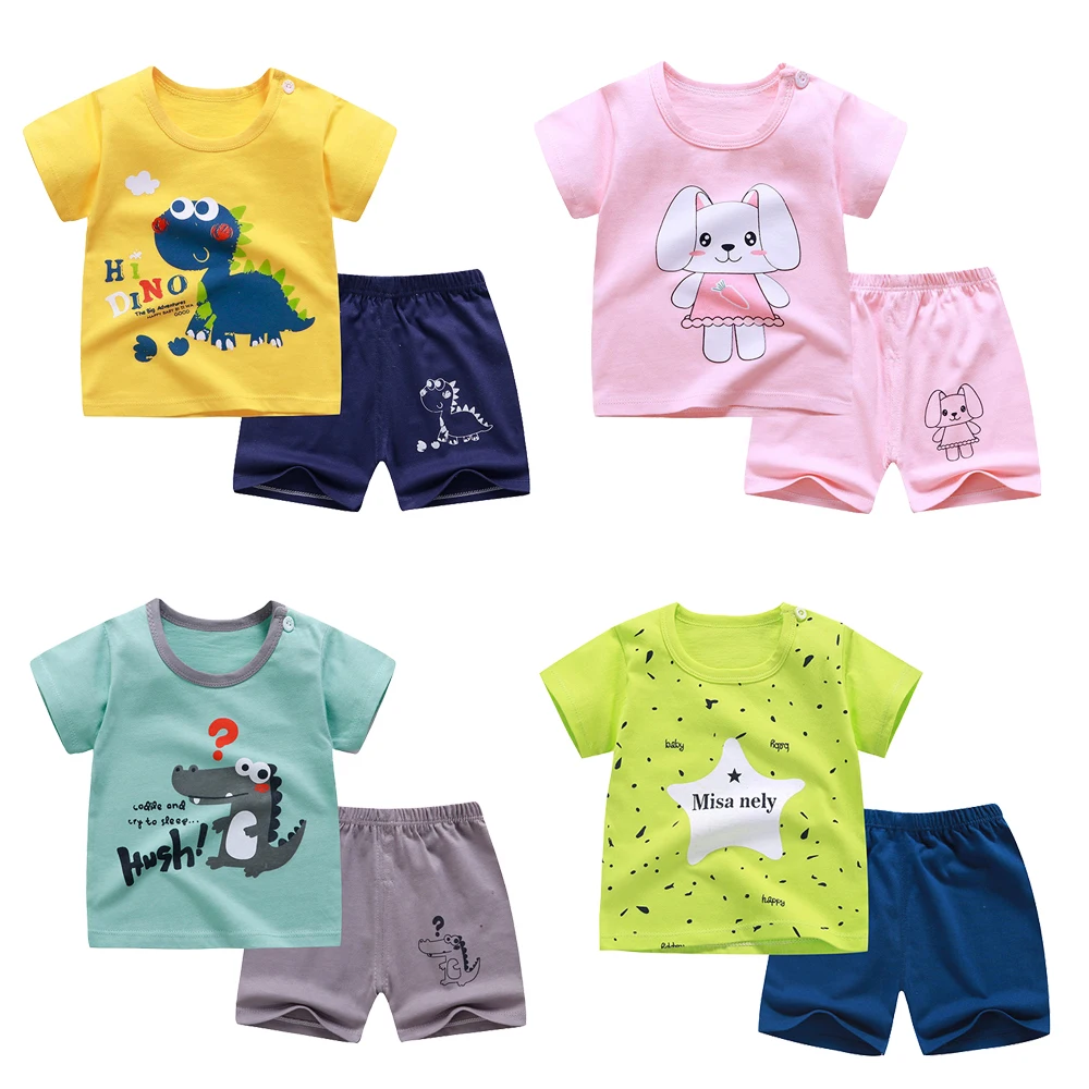 

Summer Children Short Sleeved Suit Cute Cartoon T Shirt + Shorts Clothes Fashion Kids Girls Set Clothing Pink Animal Sleepwear