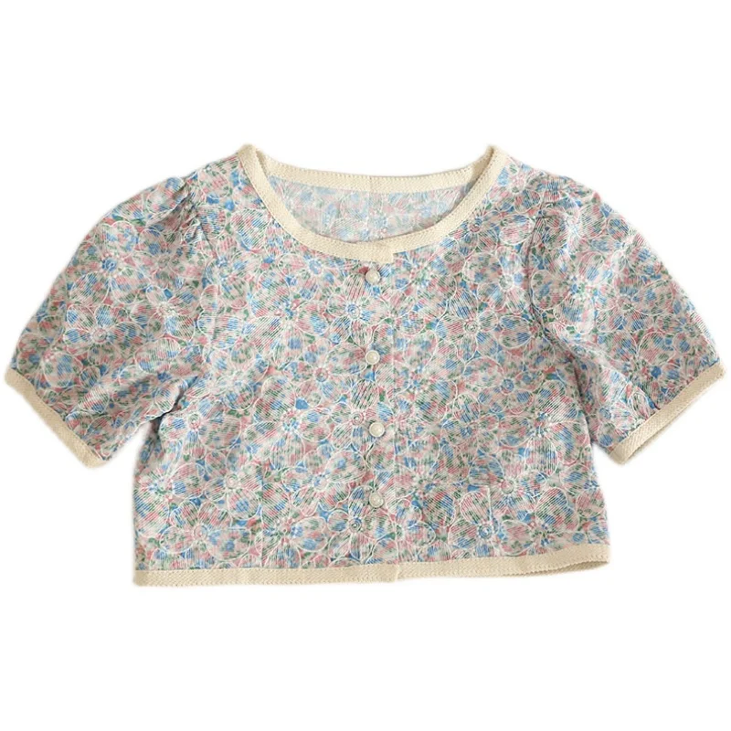 

retro floral shirt women round collar single-breasted paragraphs summer thin short coat short sleeve over the fire