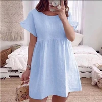womens round neck puff sleeve solid color cotton and linen series casual comfortable loose knee length skirt
