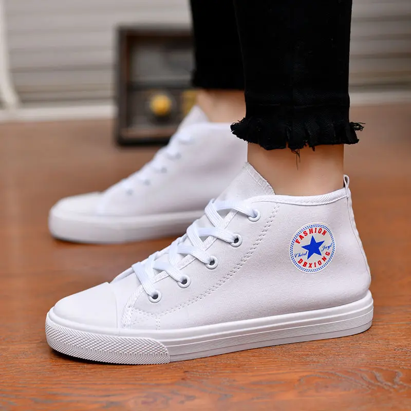 Женская парусиновая обувь с высоким берцем Дышащая женская повседневная Белые