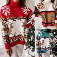 christmas sweater womens stitching knit pullover elk jacquard long sleeves top womens turtleneck sweater xmas party clothing